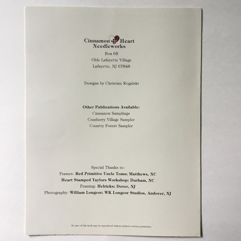 Cinnamon Heart Needleworks Cinnamon Samplings Counted Cross Stitch Chart Pattern