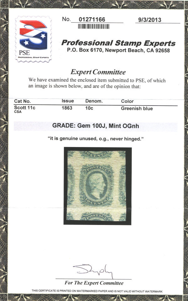 MALACK Confed #11c JUMBO GEM OG NH, w/PSE (GRADED 1..MORE.. gg1500