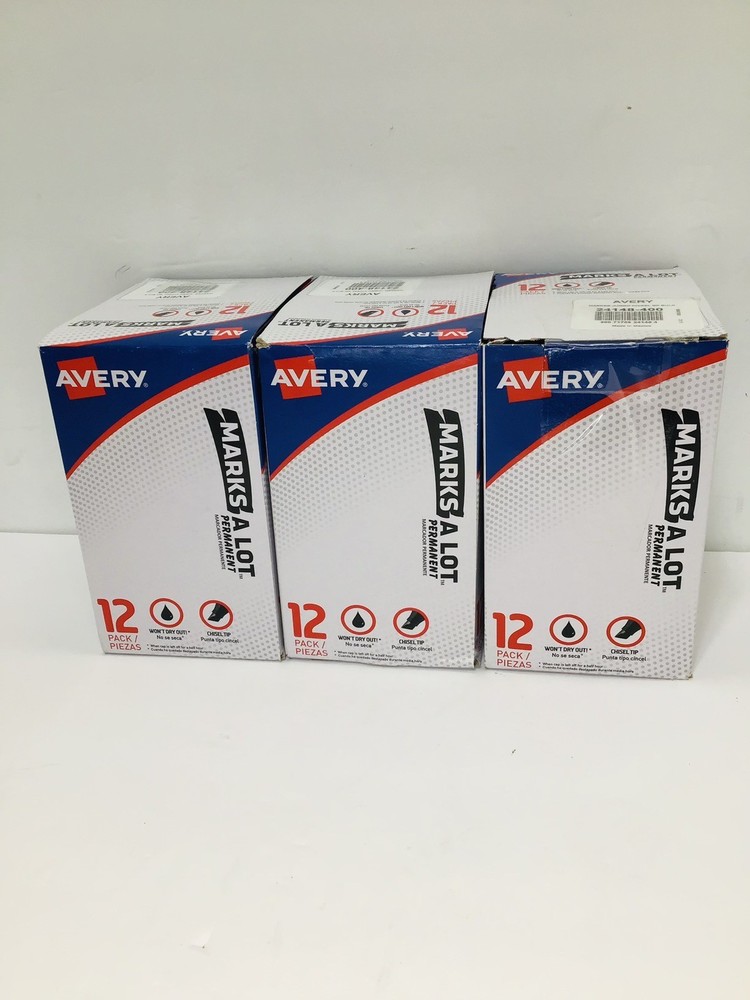Avery Large Permanent Marker Marks A Lot Three boxes 36 Total Chisel Tip Black