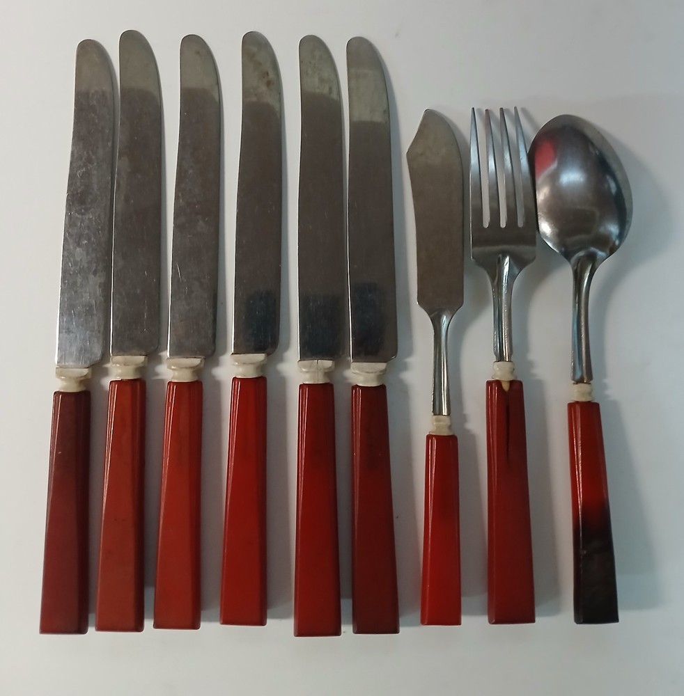 Vintage Art Deco Red Bakelite Handle Flatware