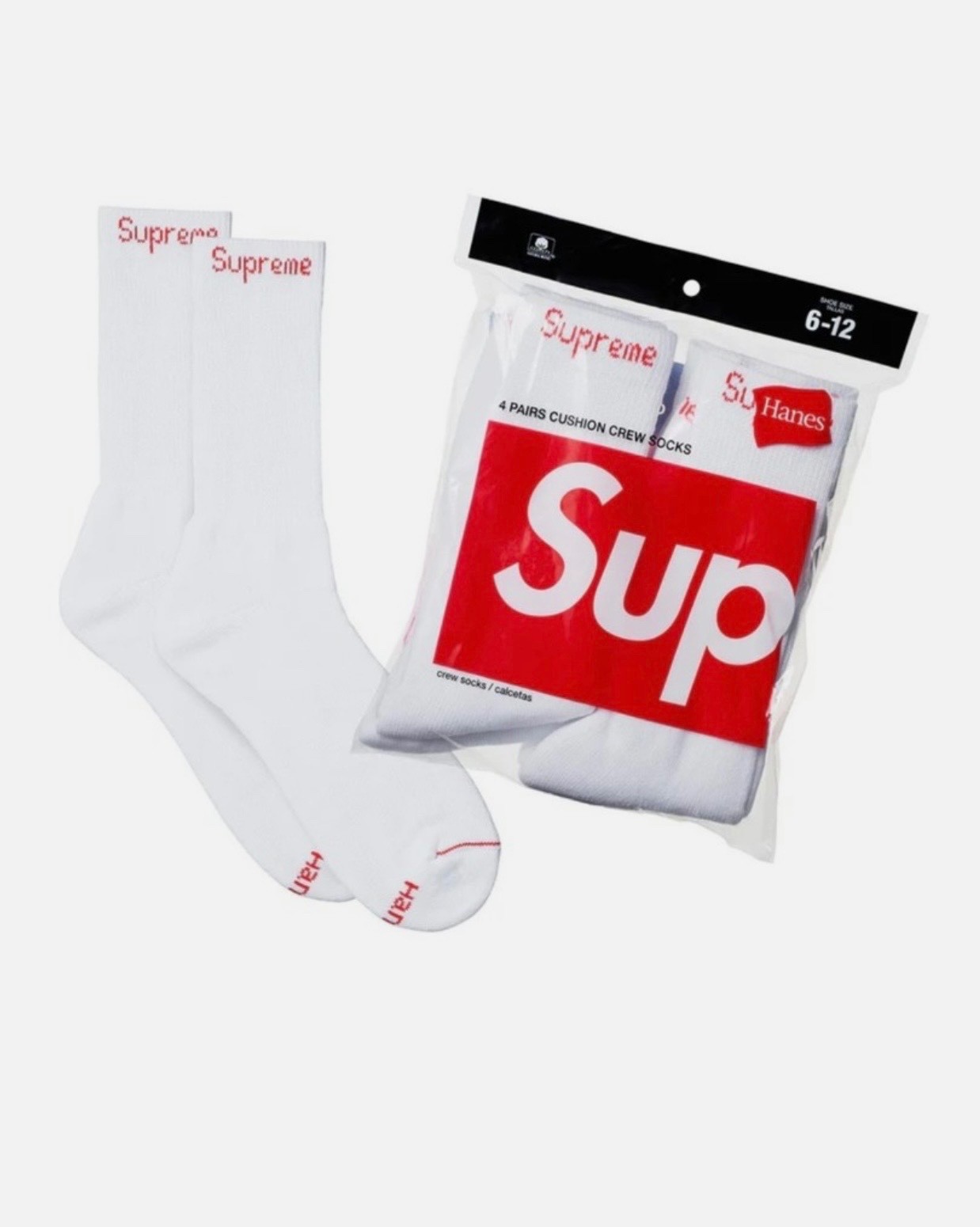Supreme/Hanes Crew Socks Authentic White 4 Pack Size 6-12 Fast Free Shipping 🚚