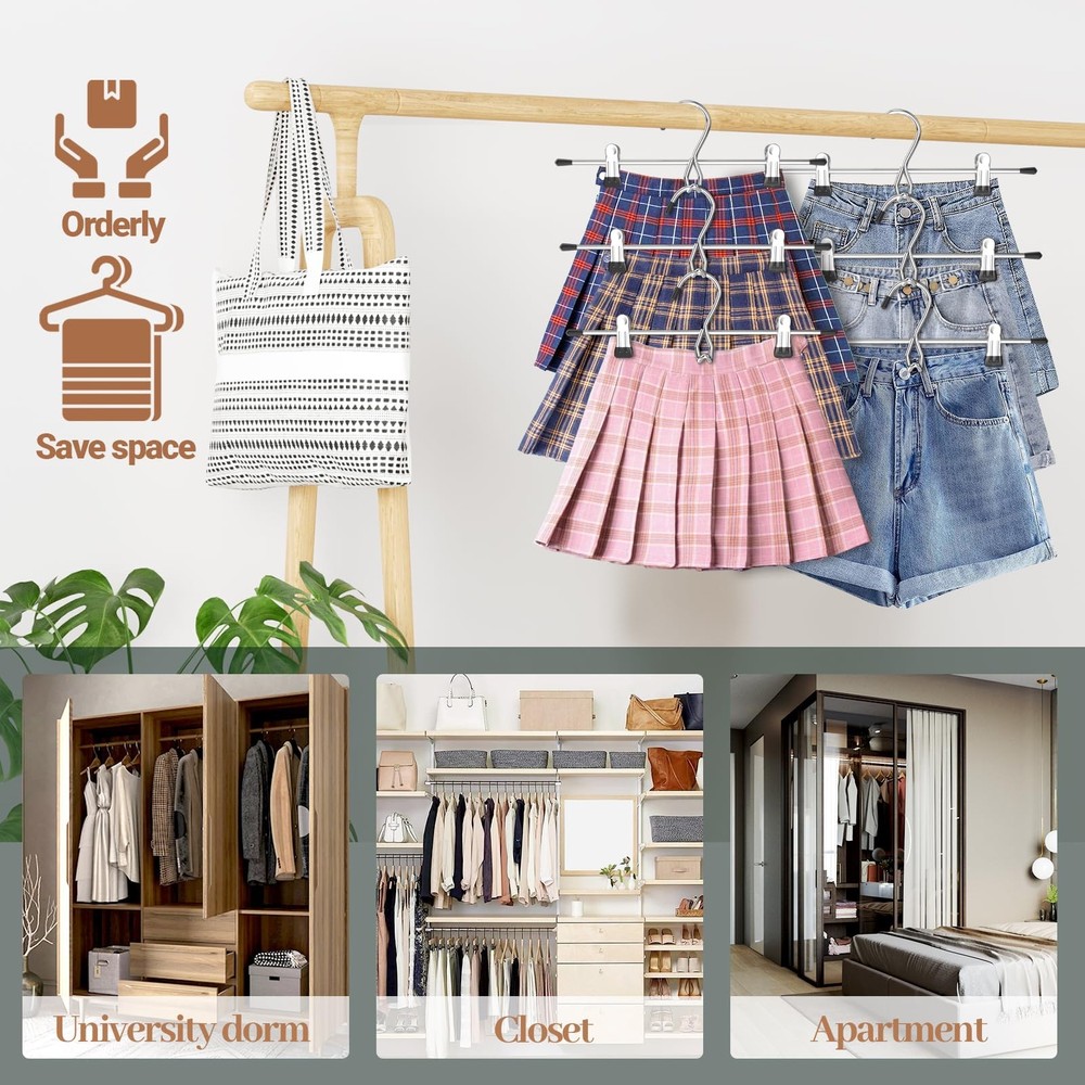 Pants Hangers Space Saving,Stackable Skirt with Clips, 8pack, Sliver