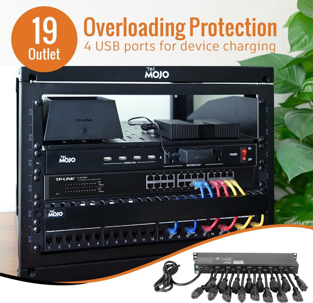 Tecmojo 1U Rack Mount 19 19 Outlets/12A/Usb+Overloading Protection, Black