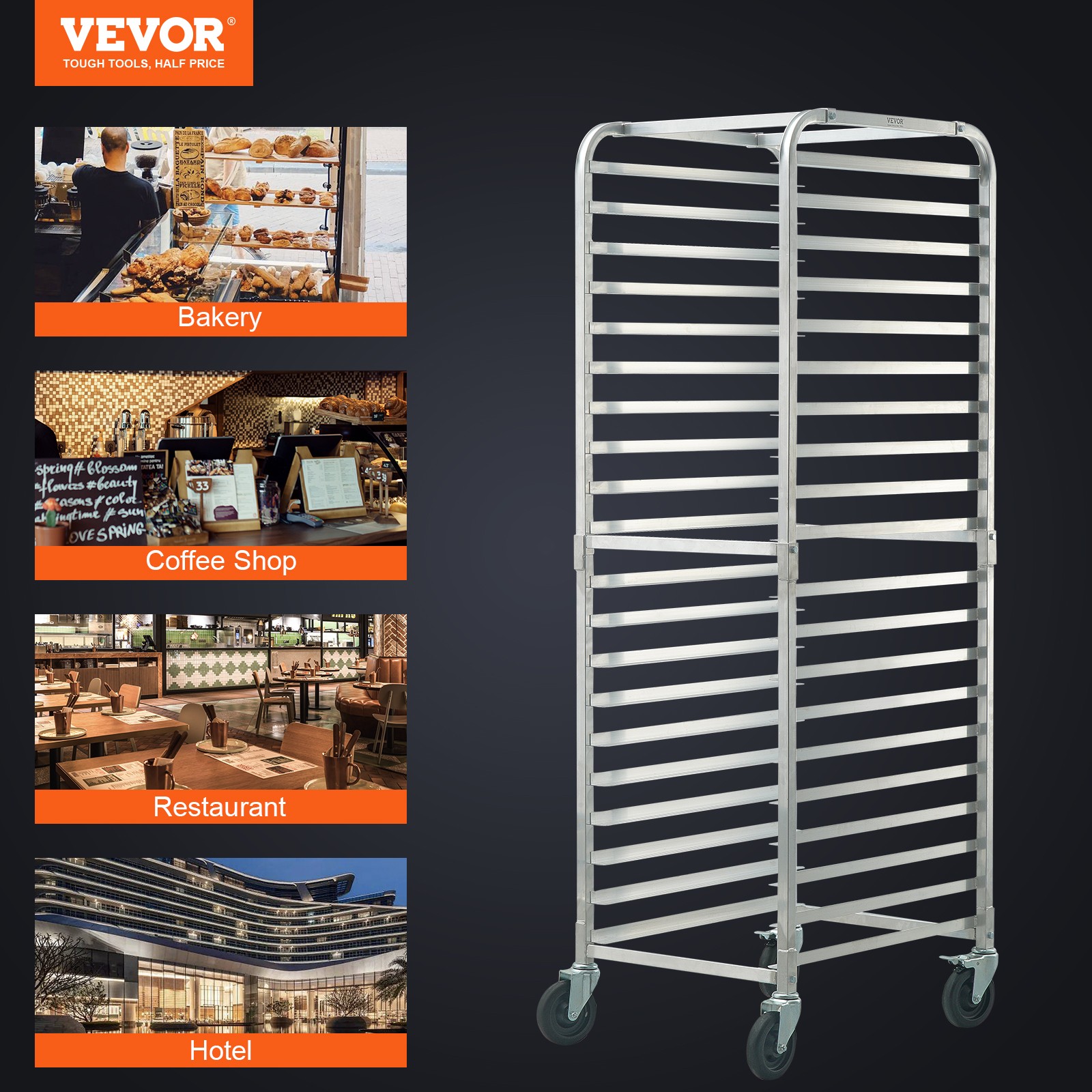 VEVOR 20 Sheet Commercial Bun Pan Rack Kitchen Aluminum Baking Racks Brake Wheel