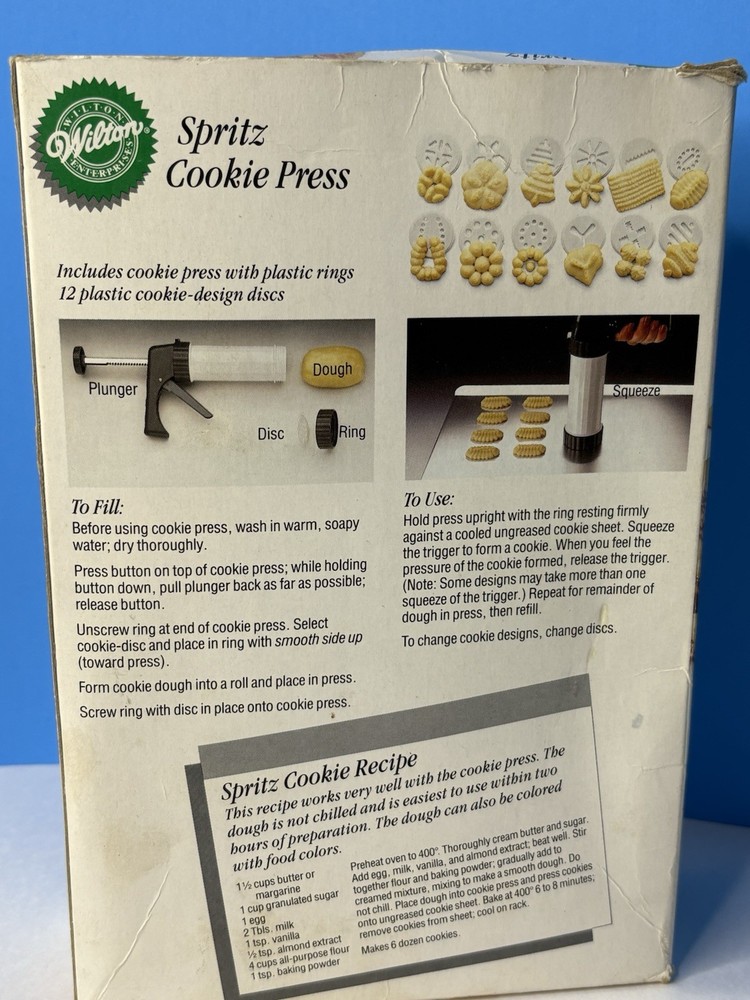 Wilton Spritz Cookie Press With 12 Disc Design Large Barrel Easy Squeeze Trigger