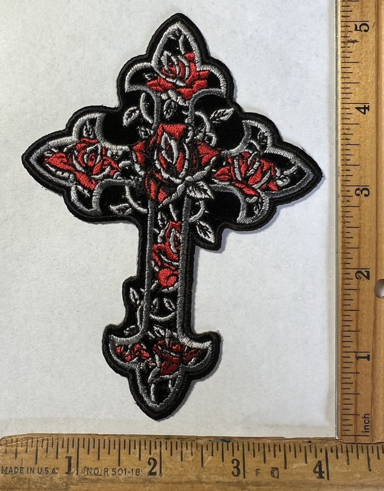 Red Rose Gothic Cross Iron On Patch Biker Motorcycle