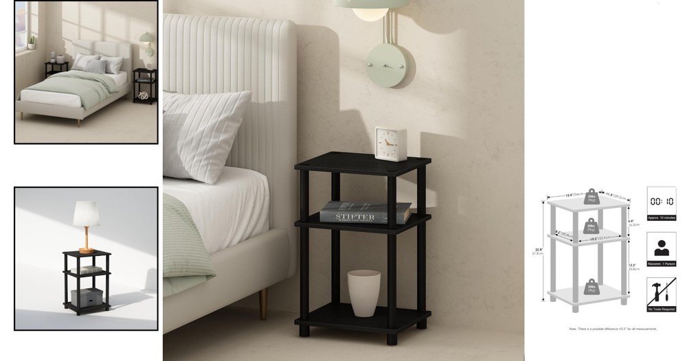 Compact 3-Tier Nightstand - Americano/Black, Lightweight & Functional Design