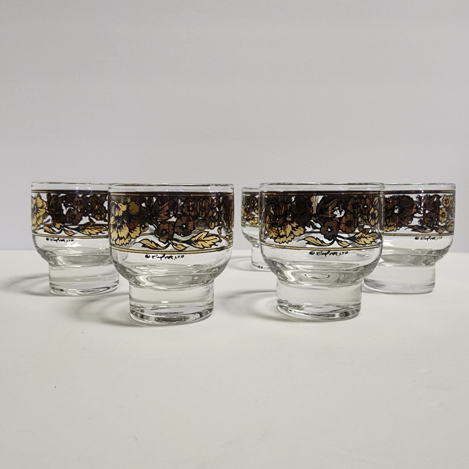 6 Early Culver Gold and Black Rare Chantilly Pattern Footed Cocktail Glasses 50s