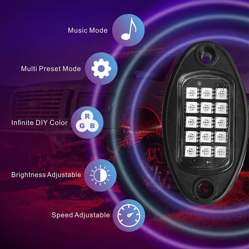RGB LED Rock Lights 8Pods Offroad Music Wireless Bluetooth Underglow Neon Lights
