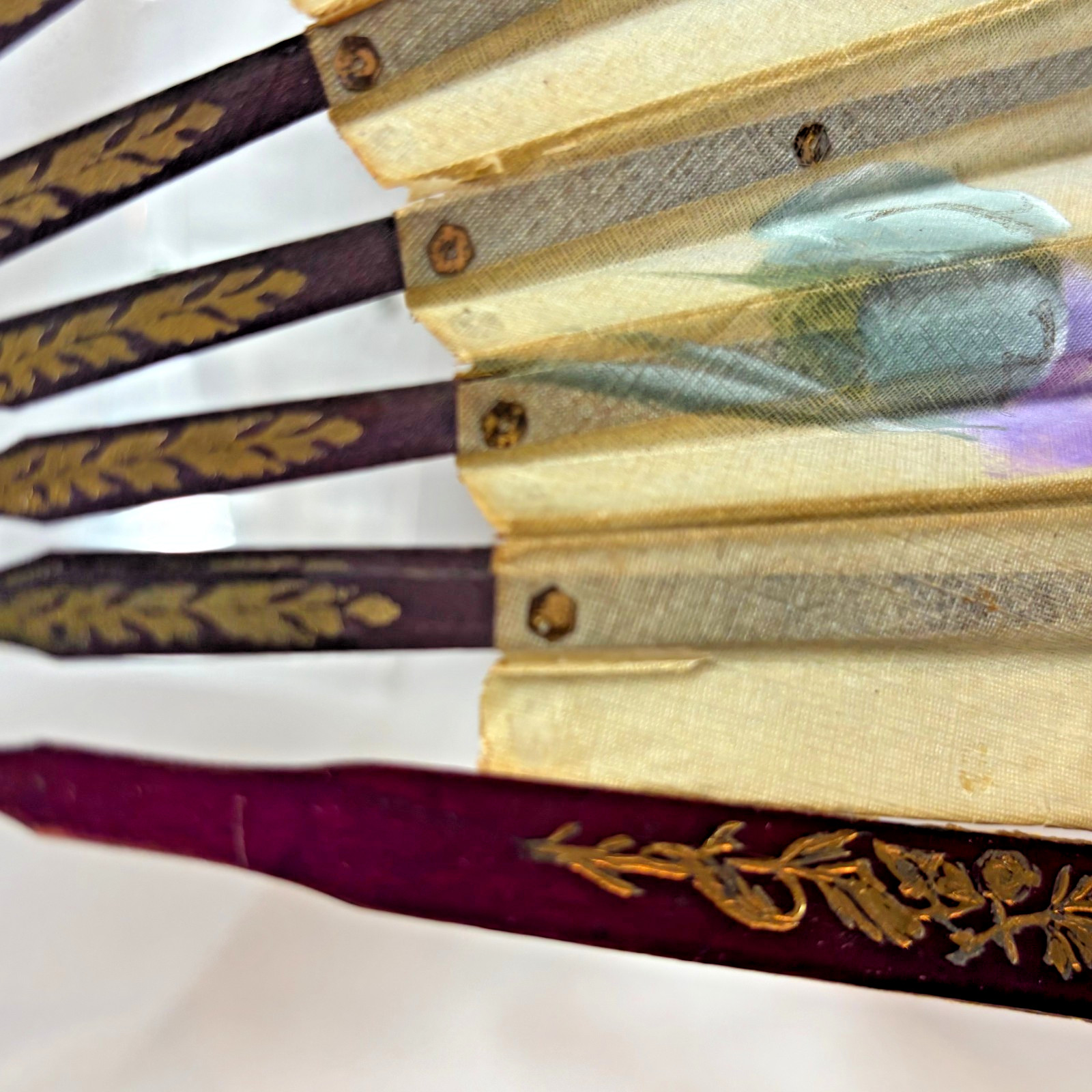 Maxim's France vintage linen folding fan purple pansy sequins