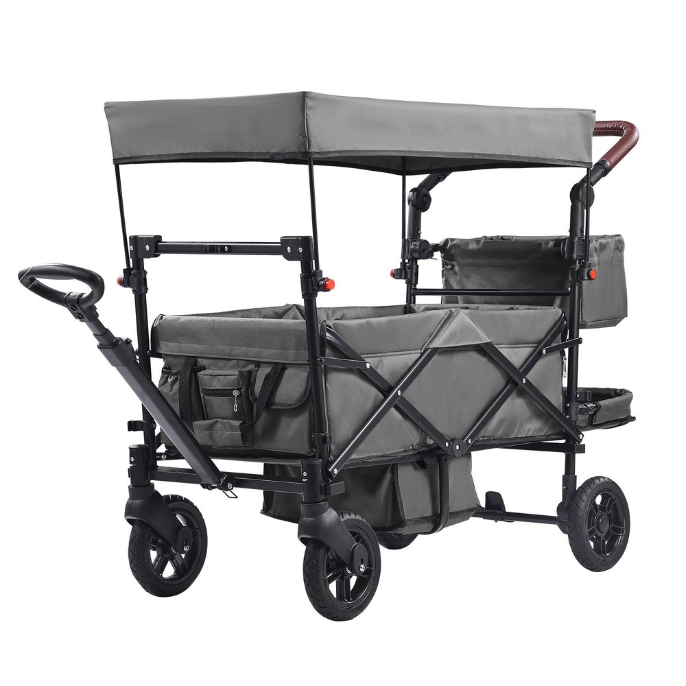 Wagon Stroller for 2 Kids, Push Pull Quad Collapsible Stroller with Adjustable H