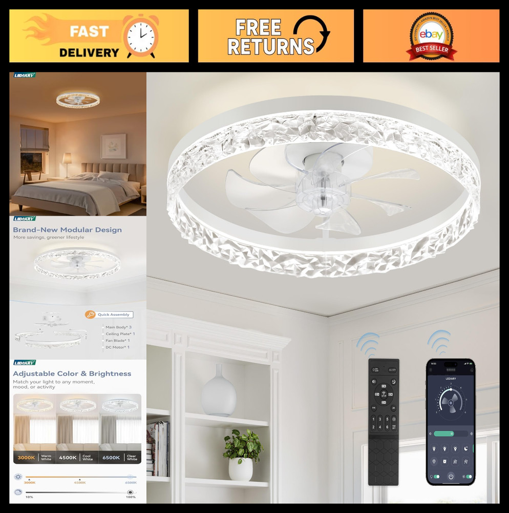 20" Modern Ceiling Fan with Lights & Remote, Dimmable, Low Profile, Flush Mount,