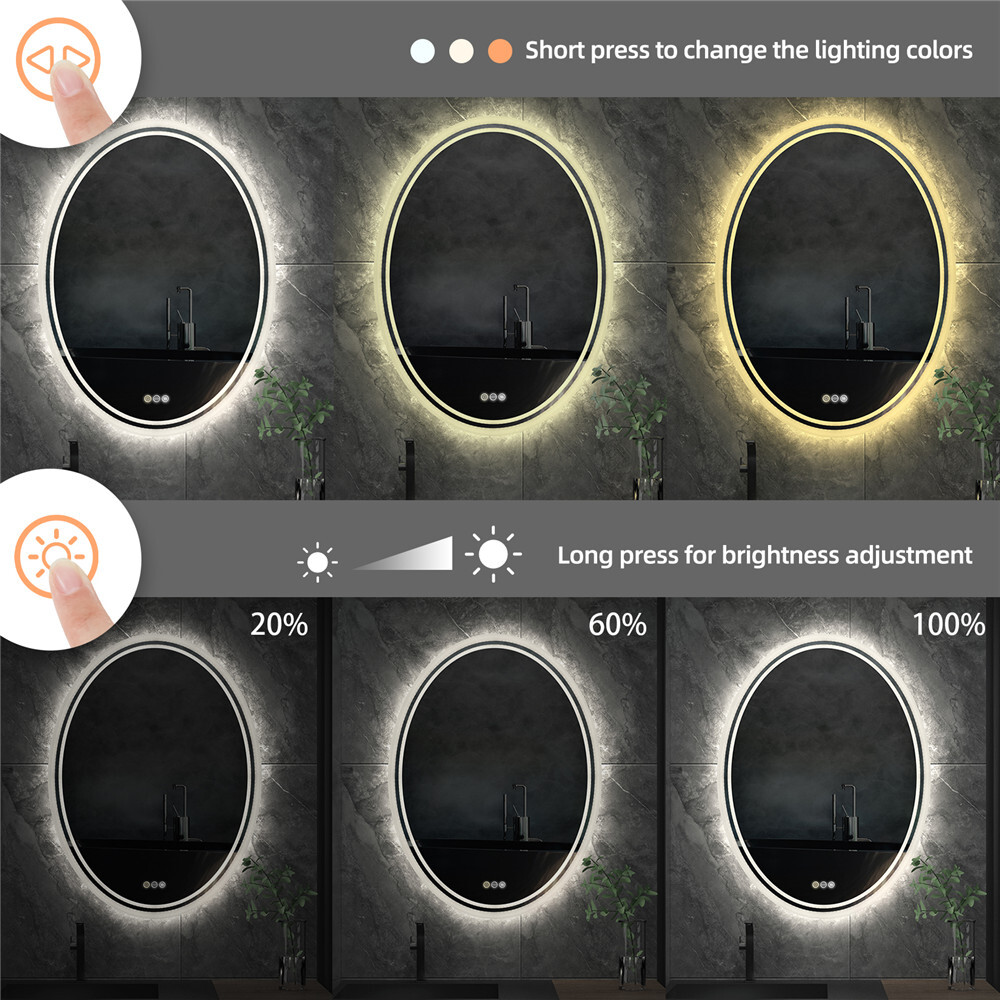 Memory Defog Oval LED Vanity Mirror Bathroom Steples Dimmable Wall Makeup Mirror