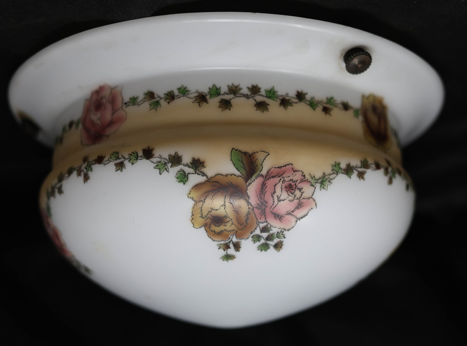 Vintage Large Hanging 3-Chain Glass Light Shade Lamp Part 14.25" Diam x 5" Roses