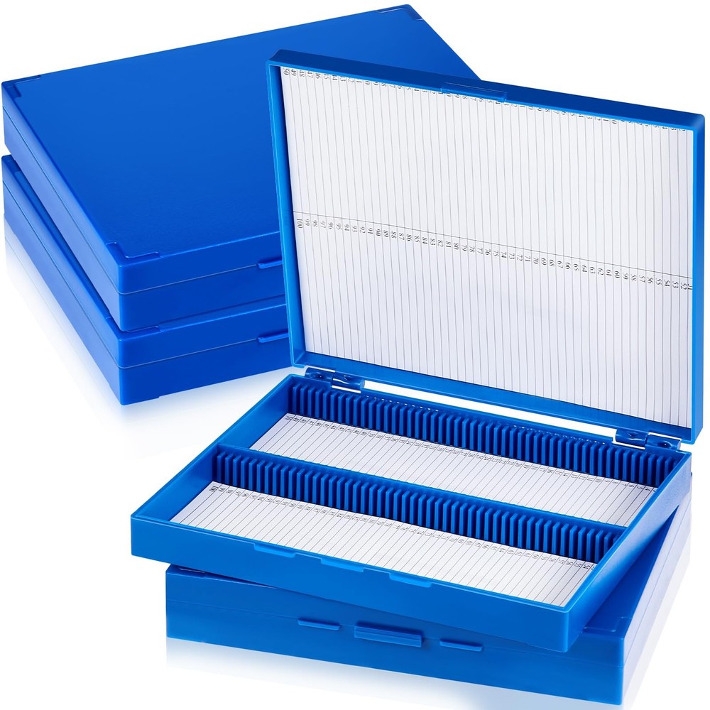4 Pcs Microscope Slide Storage Box, 100 Place Plastic Holder for Blue