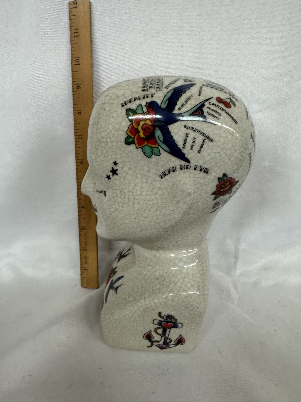 Tattooed Phrenology Head Bust Three Hands Corp Crackle Glazed