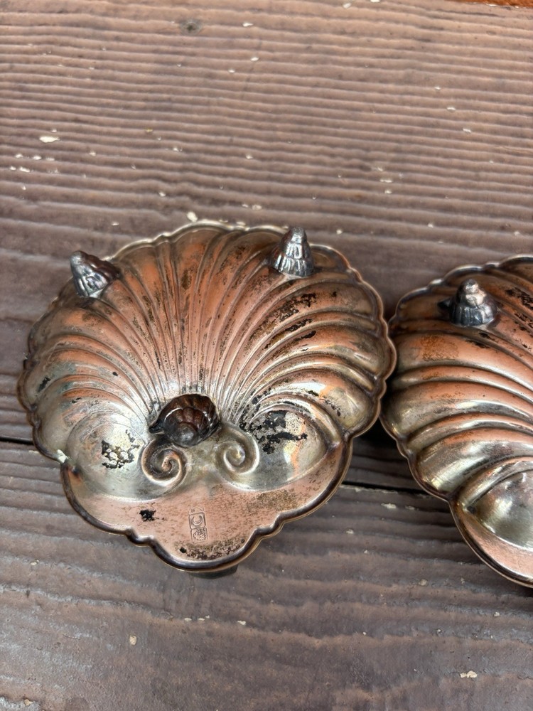 Lot 2 Vtg Crescent Silver Co Plated Clam Shell Serving Dish Trinket Tray Footed