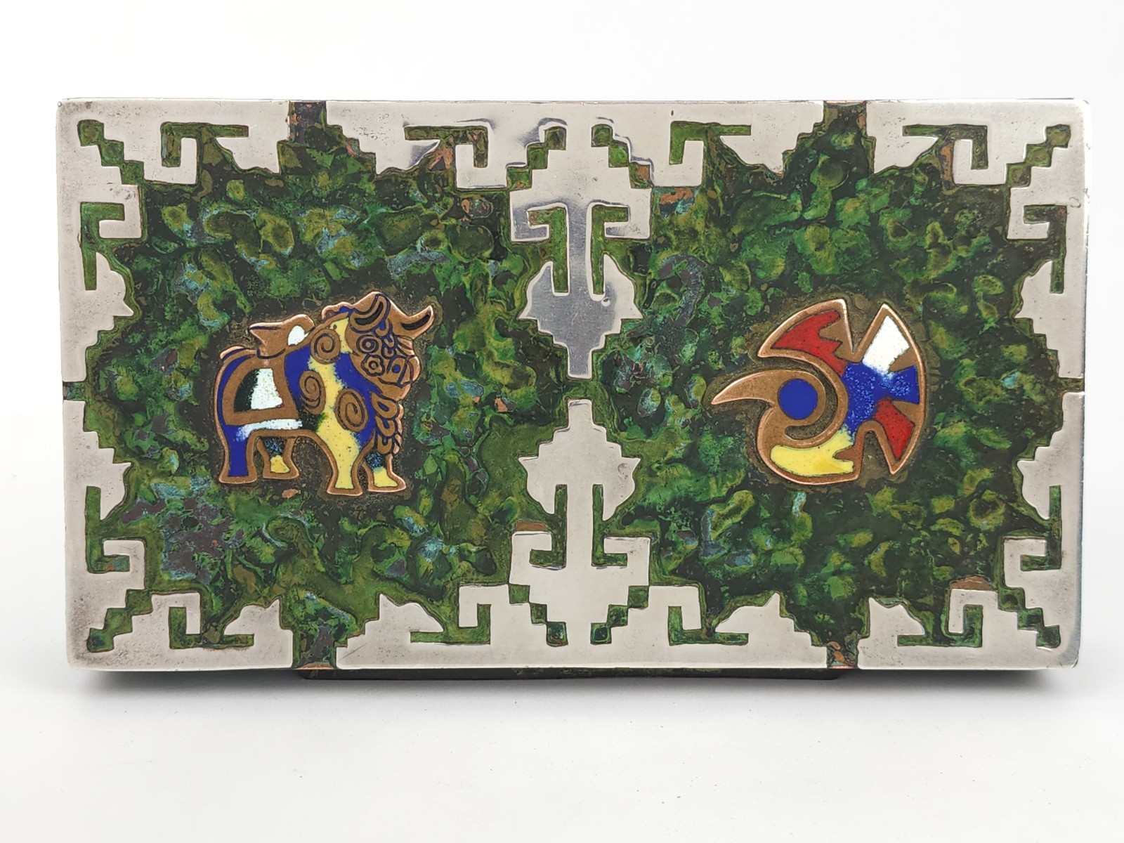 Vintage Peru Enameled Copper Cigarette Trinket Box Silver Tone Metal Bird Bull