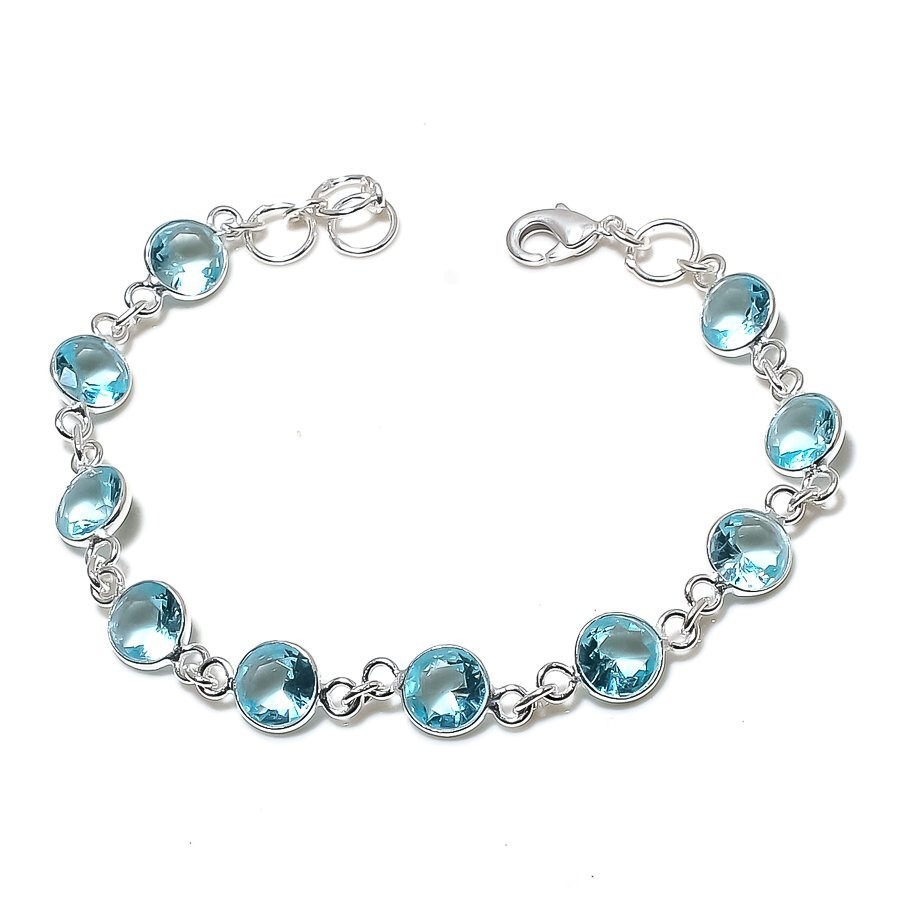 Aqua Aquamarine Gemstone Handmade 925 Sterling Silver Jewelry Bracelet Sz 7-8"