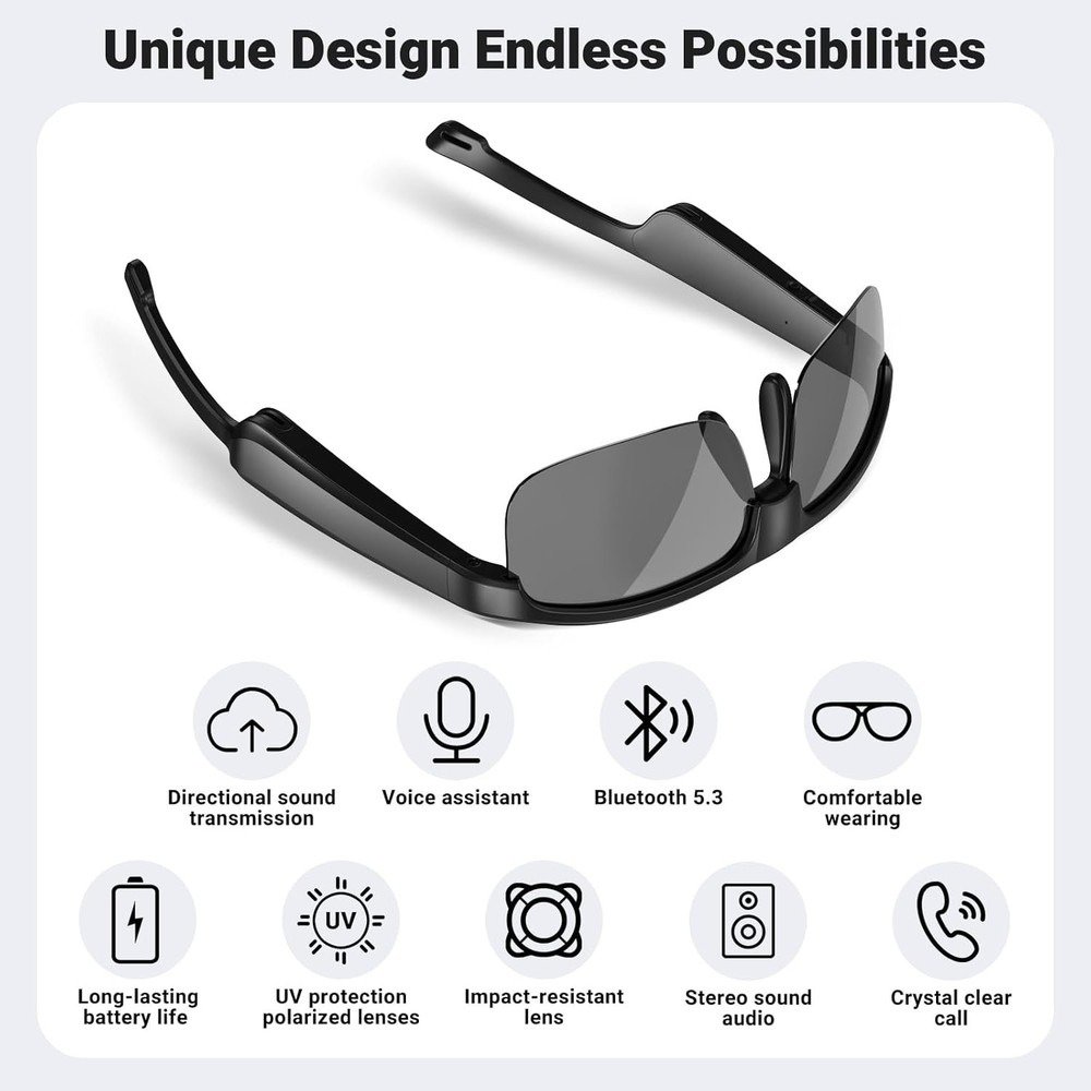 Smart Glasses, Polarized Bluetooth Sunglasses with Speaker, Voice Assistant, Ope