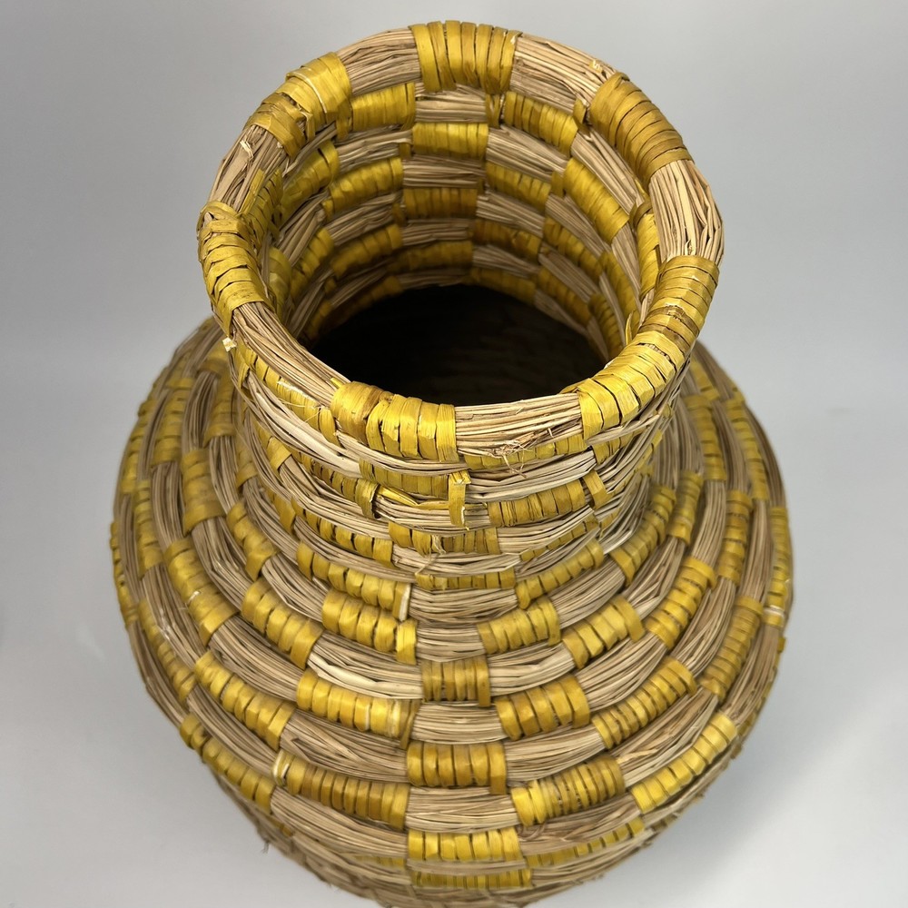 Wicker Coiled Bottleneck Vase 14.5” Floor Tabletop Boho Decor Yellow Stripe