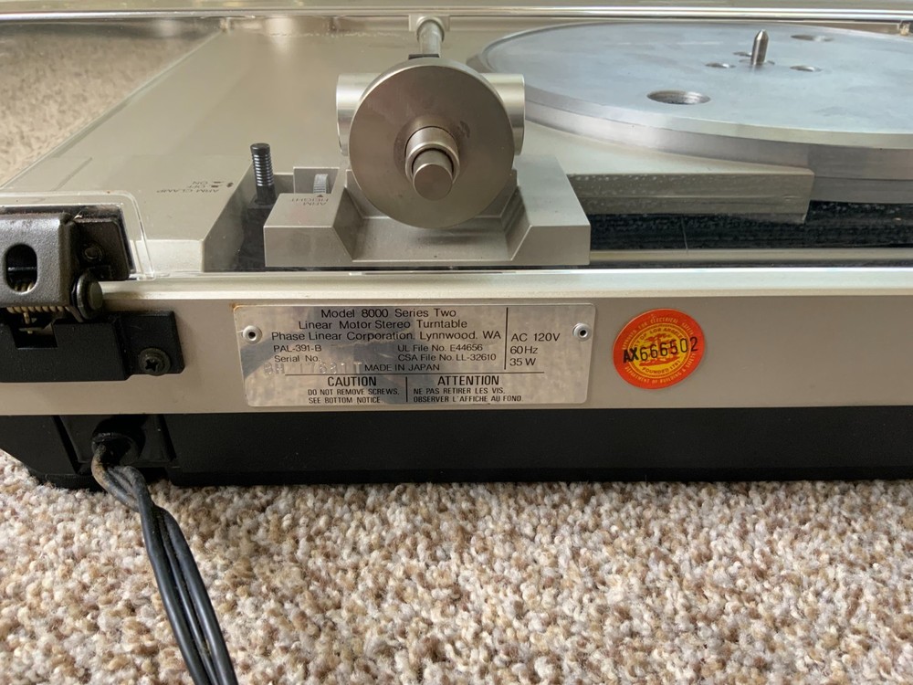 Phase Linear Model 8000 Linear Motor Turntable Series 2 - Untested - Powers On!