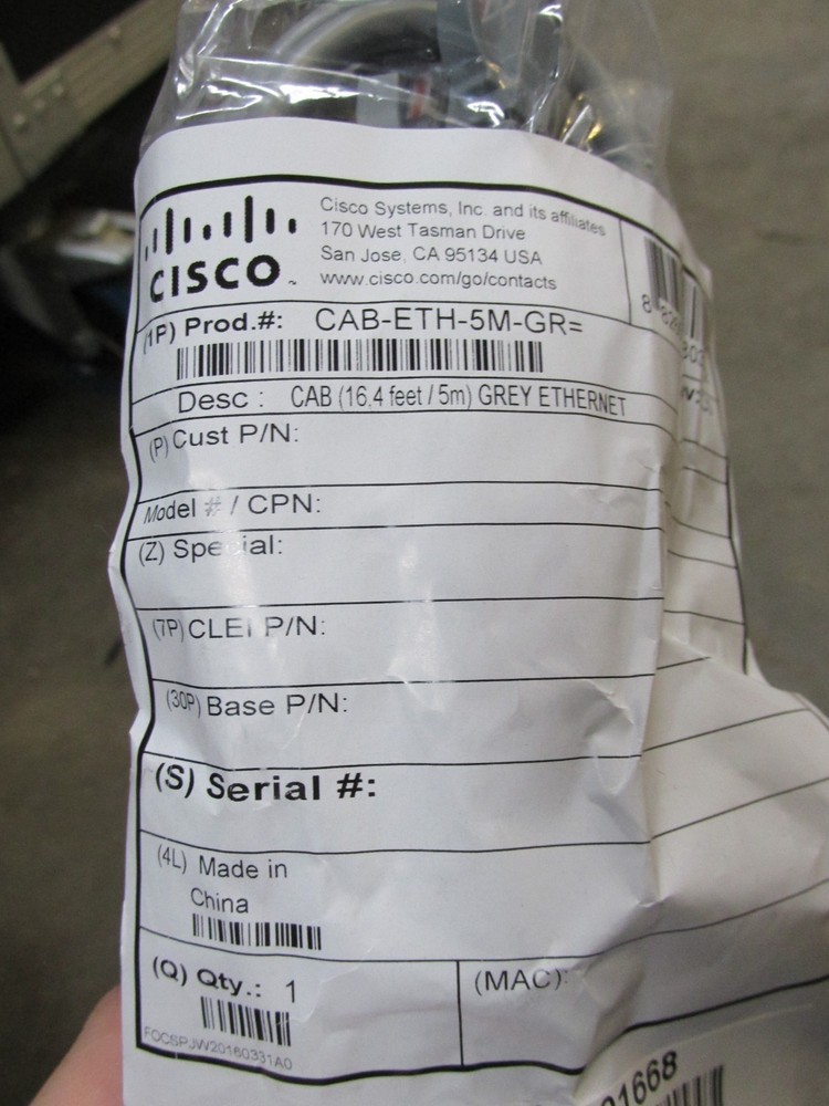 2 x New Cisco 5m RJ-45 ethernet patch cable CAB-ETH-5M-GR=