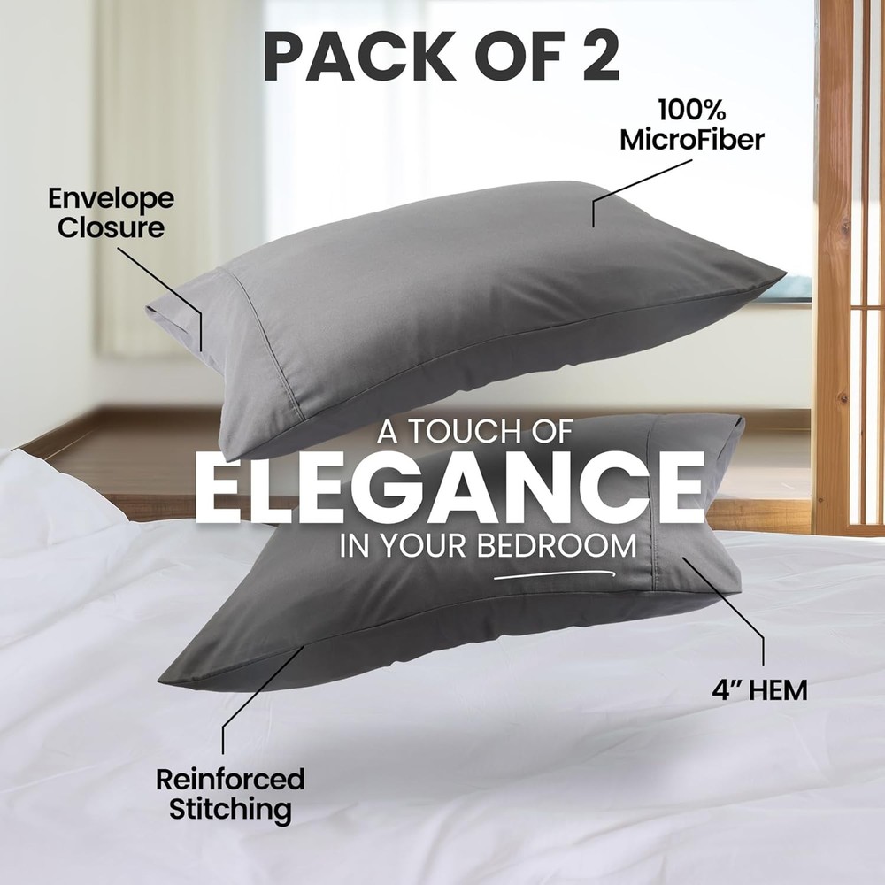 Queen Size 2-Pack – Soft Brushed Microfiber – 20x30 Inches (Grey)