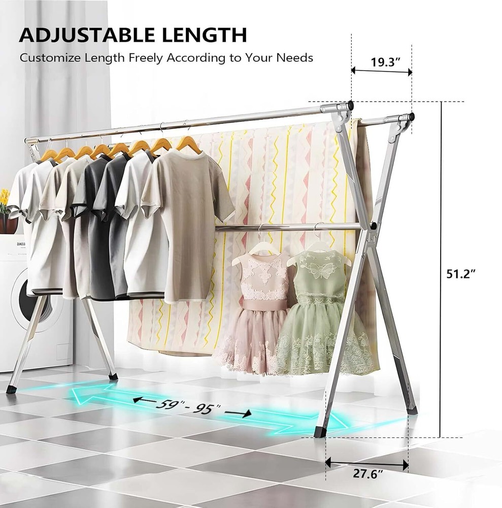 95-inch Stainless Steel Drying Rack (Foldable) with 20 Windproof Hooks