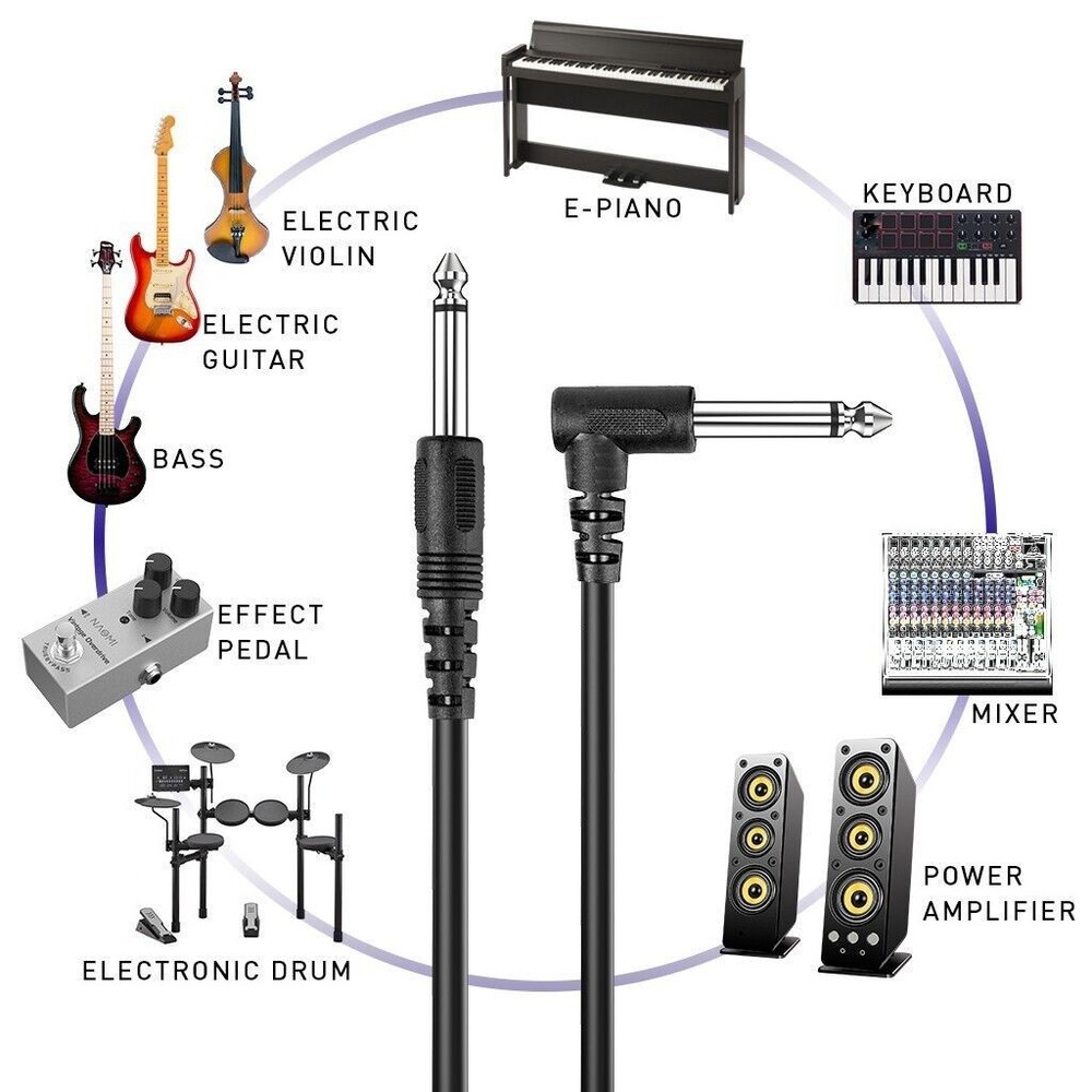 Electric Patch Cord Guitar Amplifier Amp Cable 10FT Right Angle Connector 2-PACK