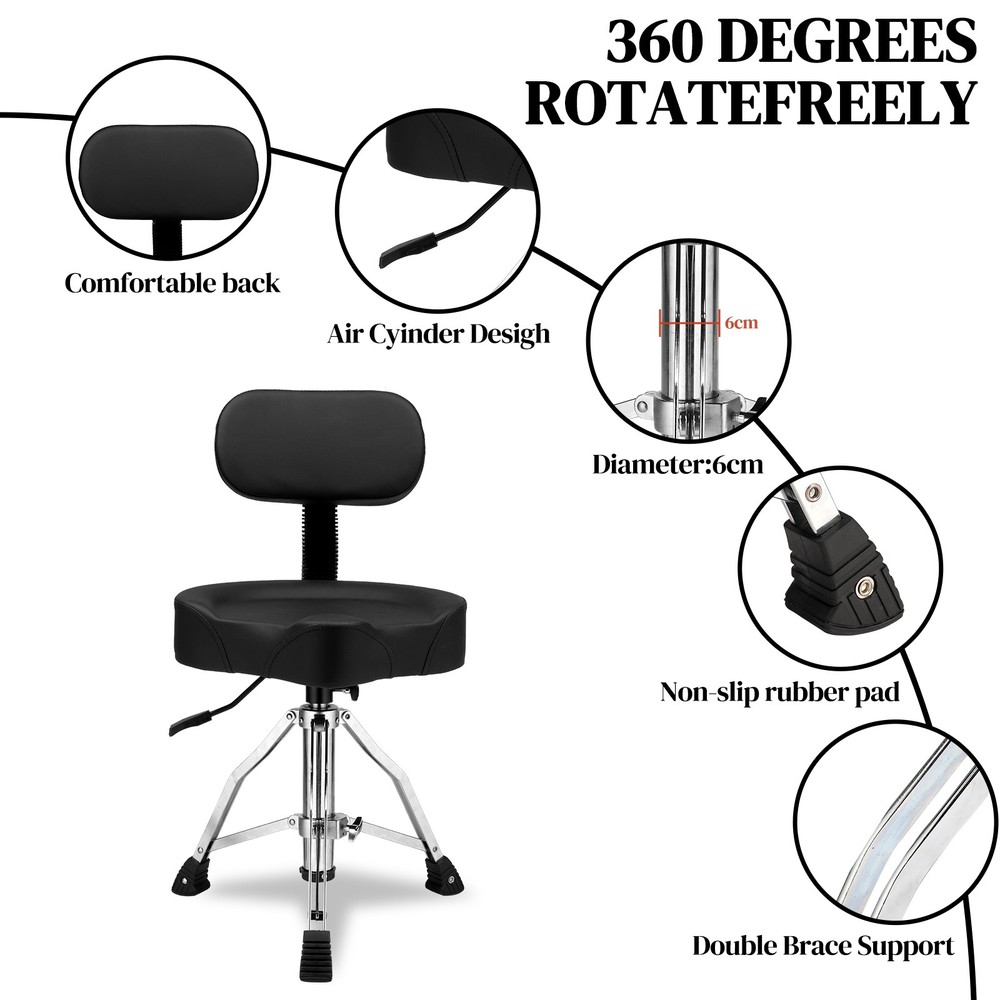 New Hydraulic Drum Stool Adjustable Height for Drummers Black with Backrest