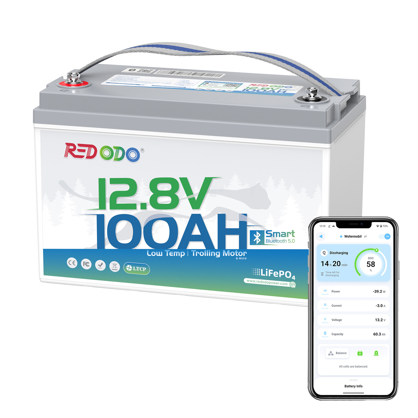 Redodo 12V 100Ah Group 31 Bluetooth LiFePO4 Battery with Low Temperature Cut-off