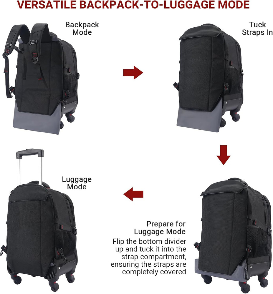 Rolling Backpack with 4 Extra Wheels - Water-Resistant, Airline Approved Underse