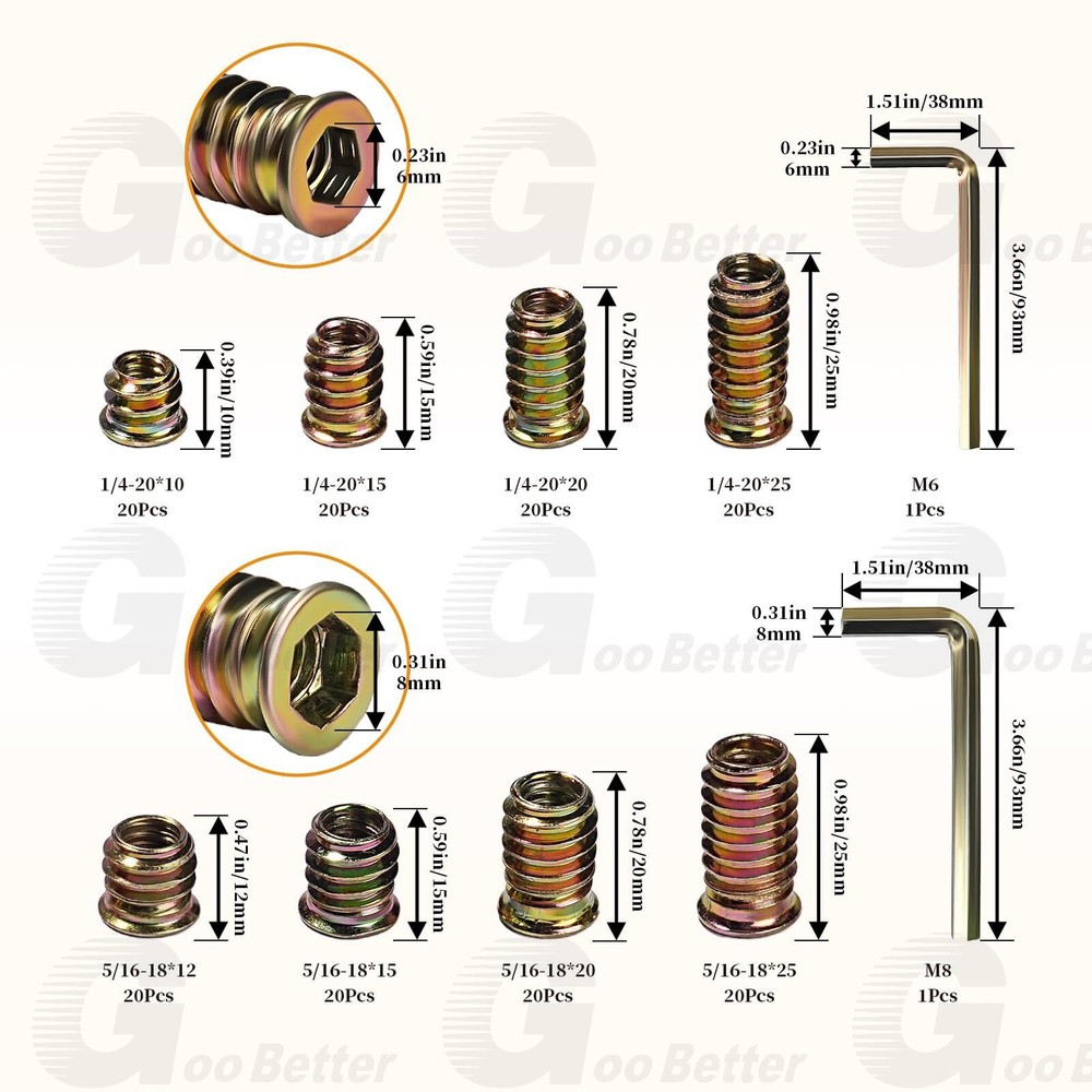 165pcs Threaded Hex Drive Insert Fixing Wood Screw Inserts Nuts 1/4"-20 5/16"-18