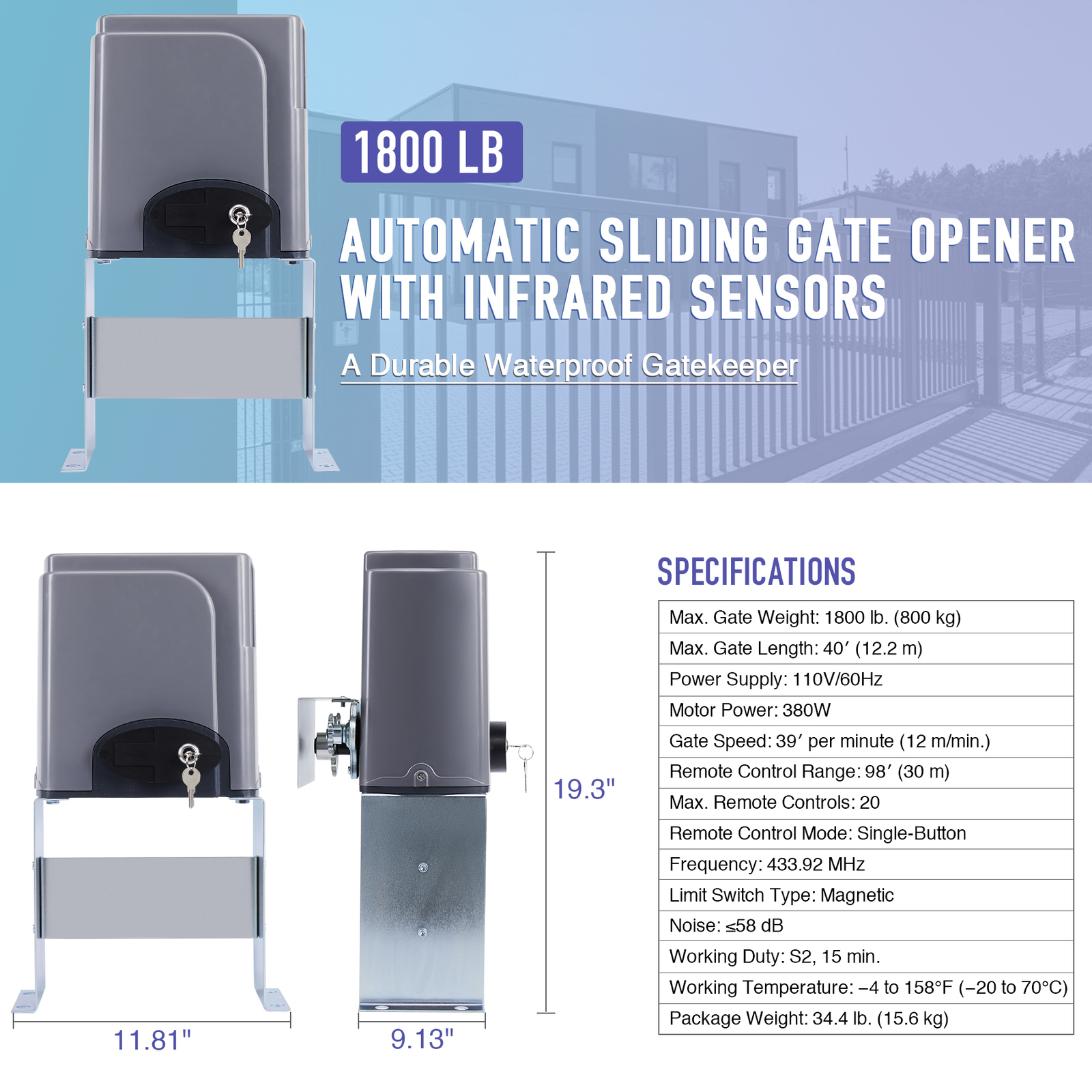 Smart Sliding 380W Gate Opener with Remote Control IR Sensors 1800lb 40ft Quiet