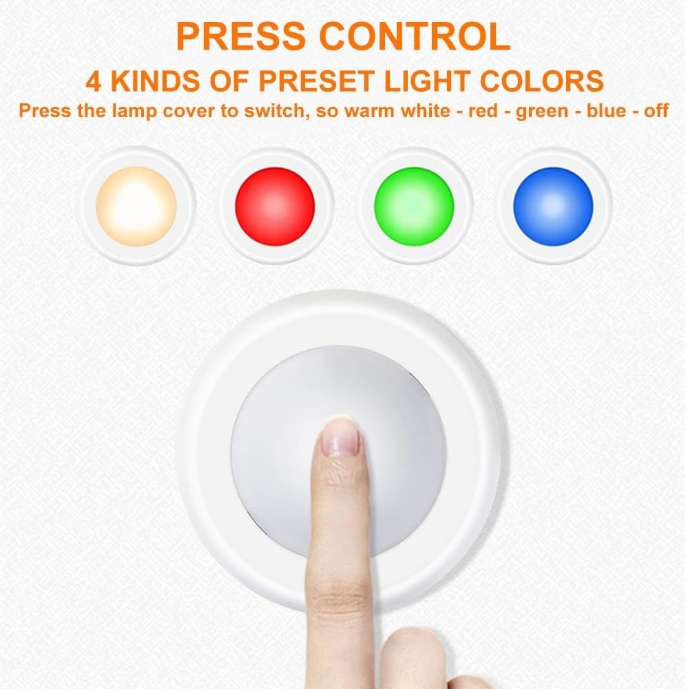 Multicolor LED Puck Lights - 6 Pack with Dimmable Functions & Adhesive Mounting