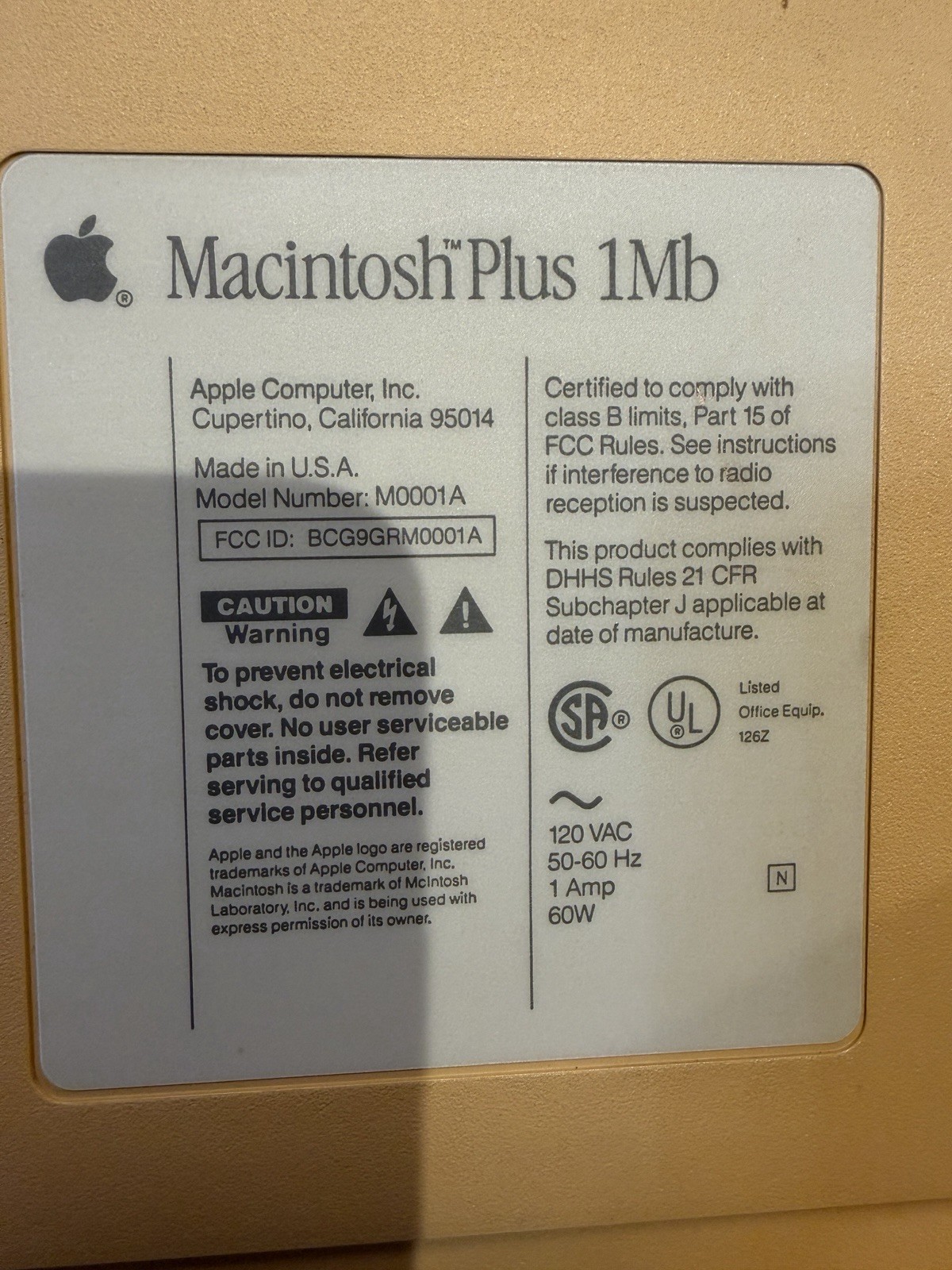 Apple MAC M0001 M0001A Original MAC computer w/upgrade incl. power cord