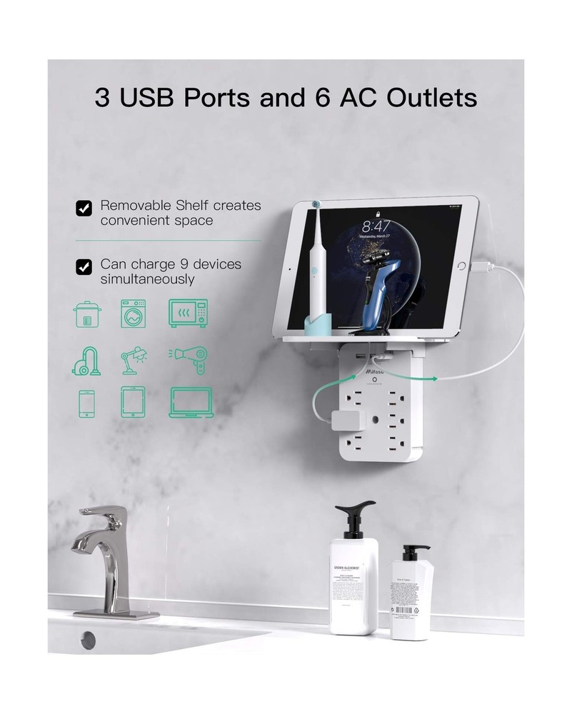 Wall Outlet Extender - Surge Protector 6 AC Outlets Multi Plug Outlet with Sh...