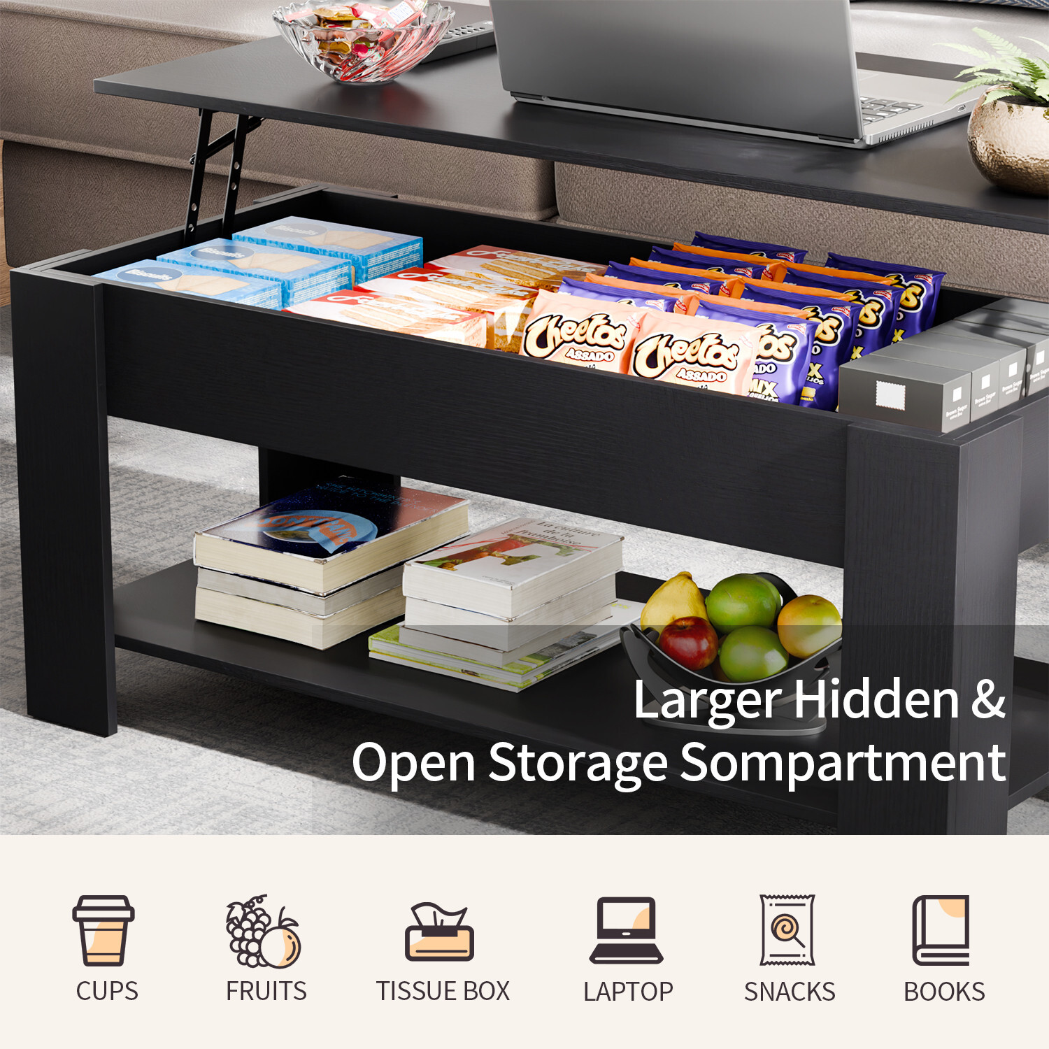 Coffee Table Lift Top Coffee Tables with Hidden Compartment and Storage Shelf