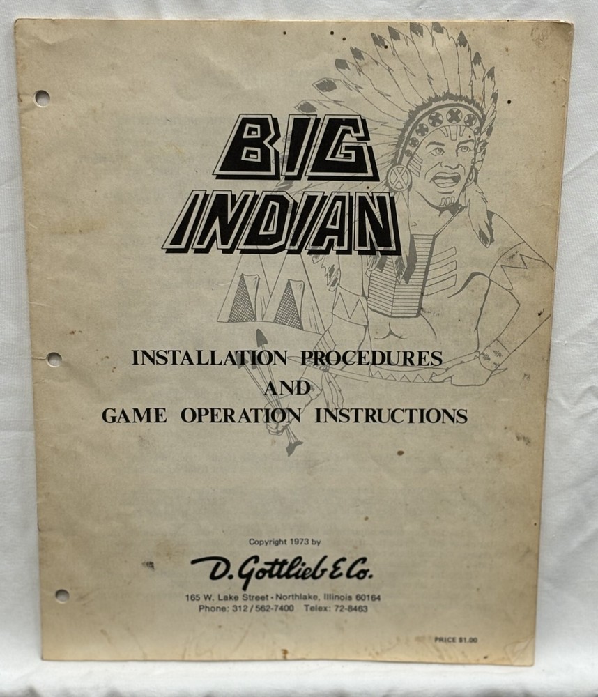 ORIGINAL-GOTTLIEB-BIG INDIAN-INSTALLATION & GAME OPERATION INSTRUCTIONS