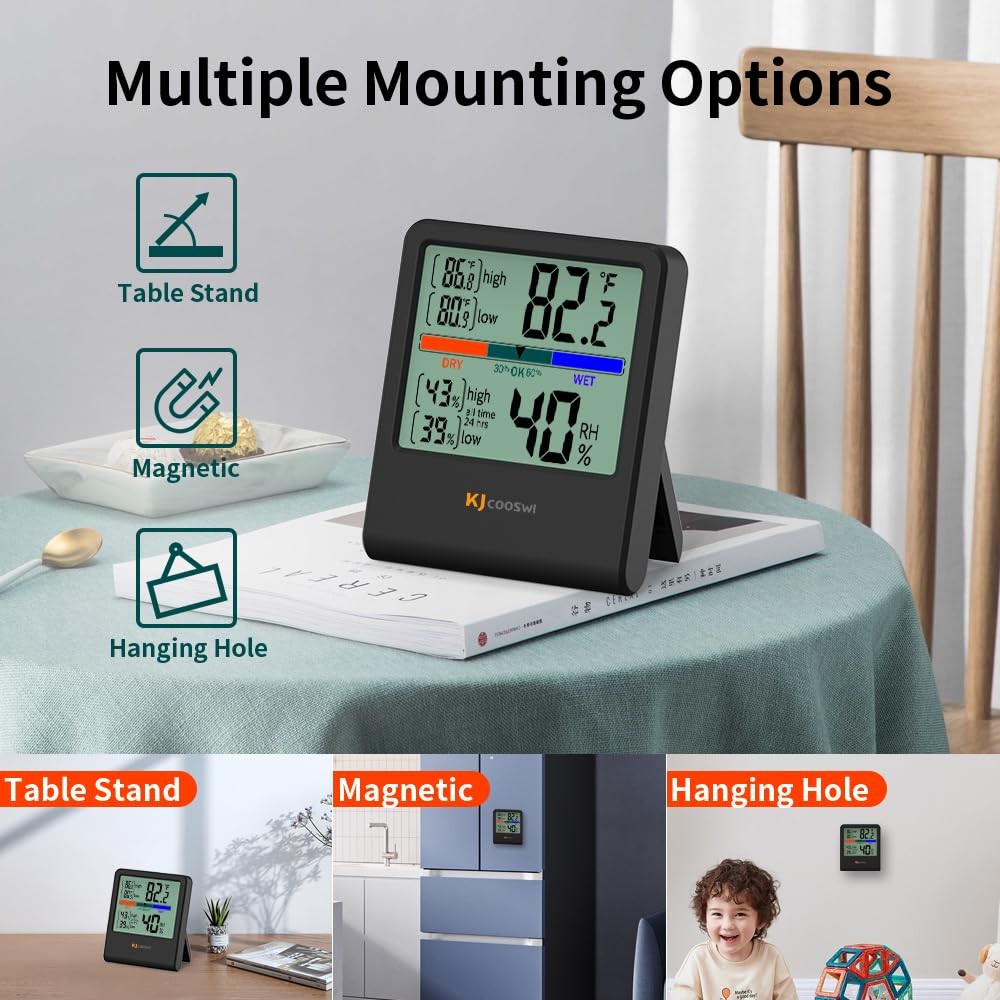 Digital Thermometer Hygrometer, Indoor Wall Humidity Black