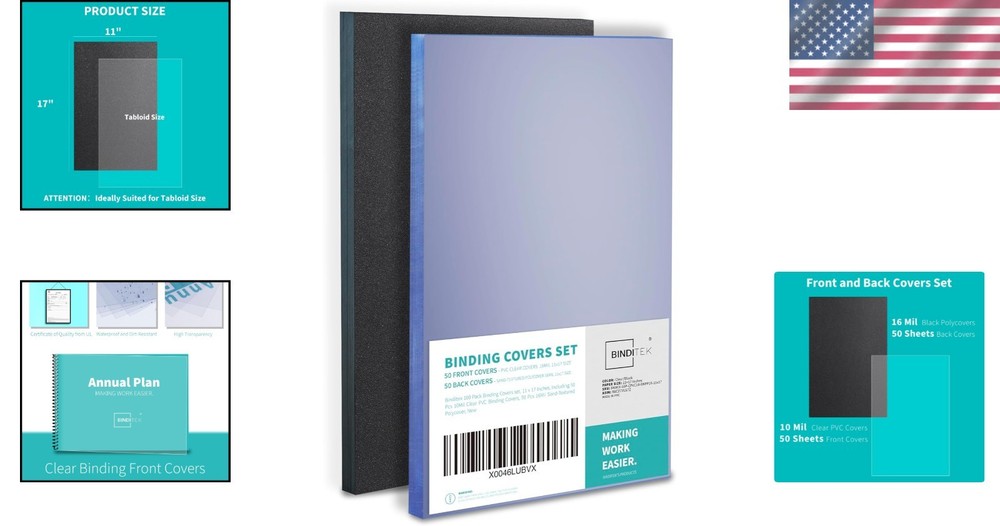 100 Pack Binding Covers Set, 11x17 Tabloid, Clear & Sand-Textured, UL Certified