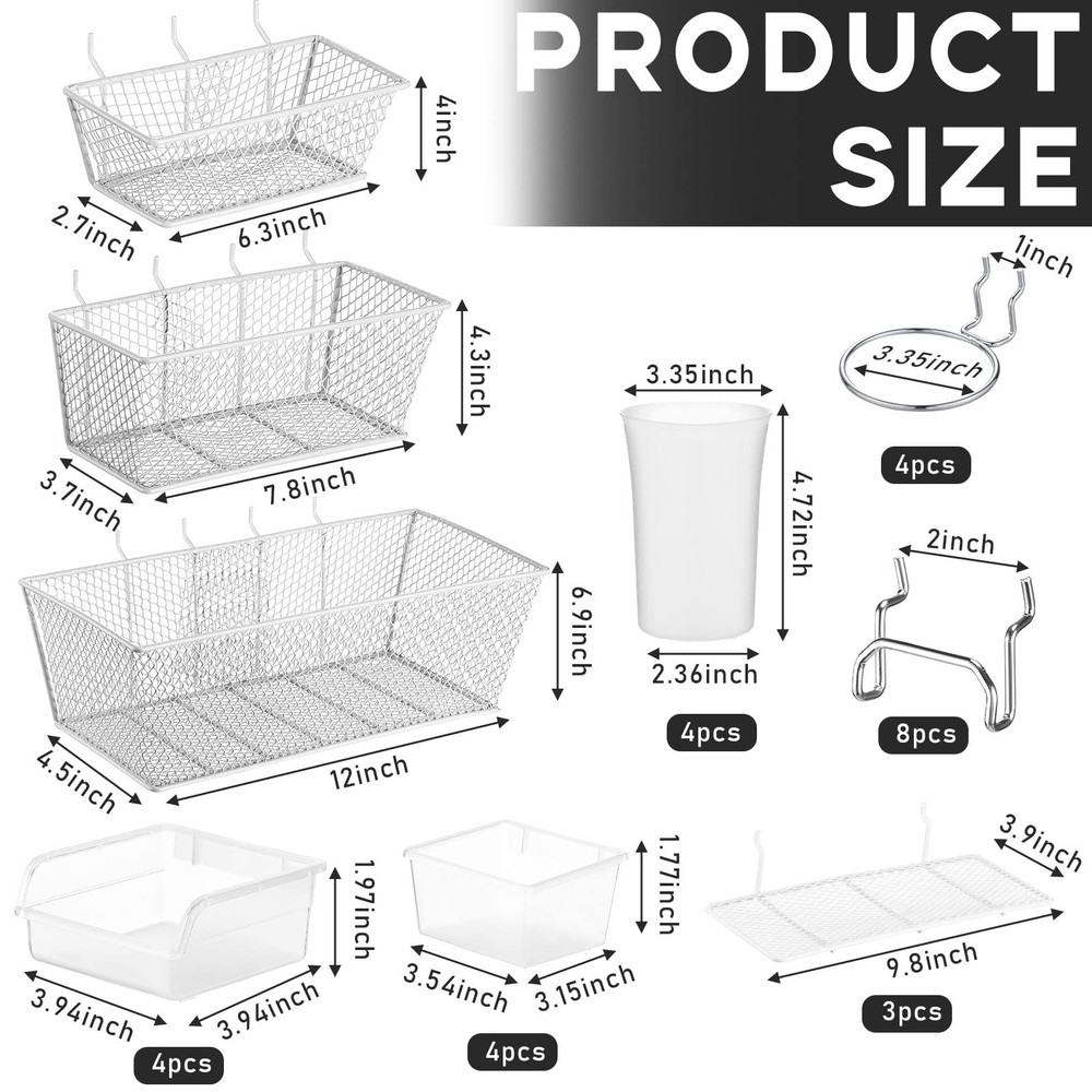 30 PCS Pegboard Organizer Accessory Kit Shelf Basket Bin Hook Loop Clear Silver