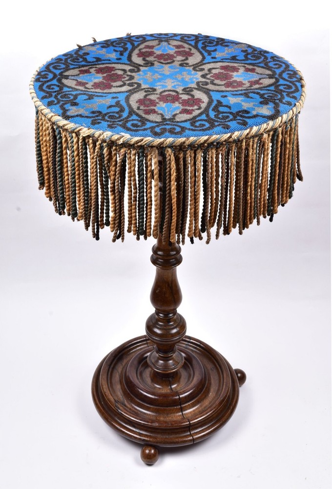 Antique Walnut Side Table with Micro Beaded Top Hand Needlework