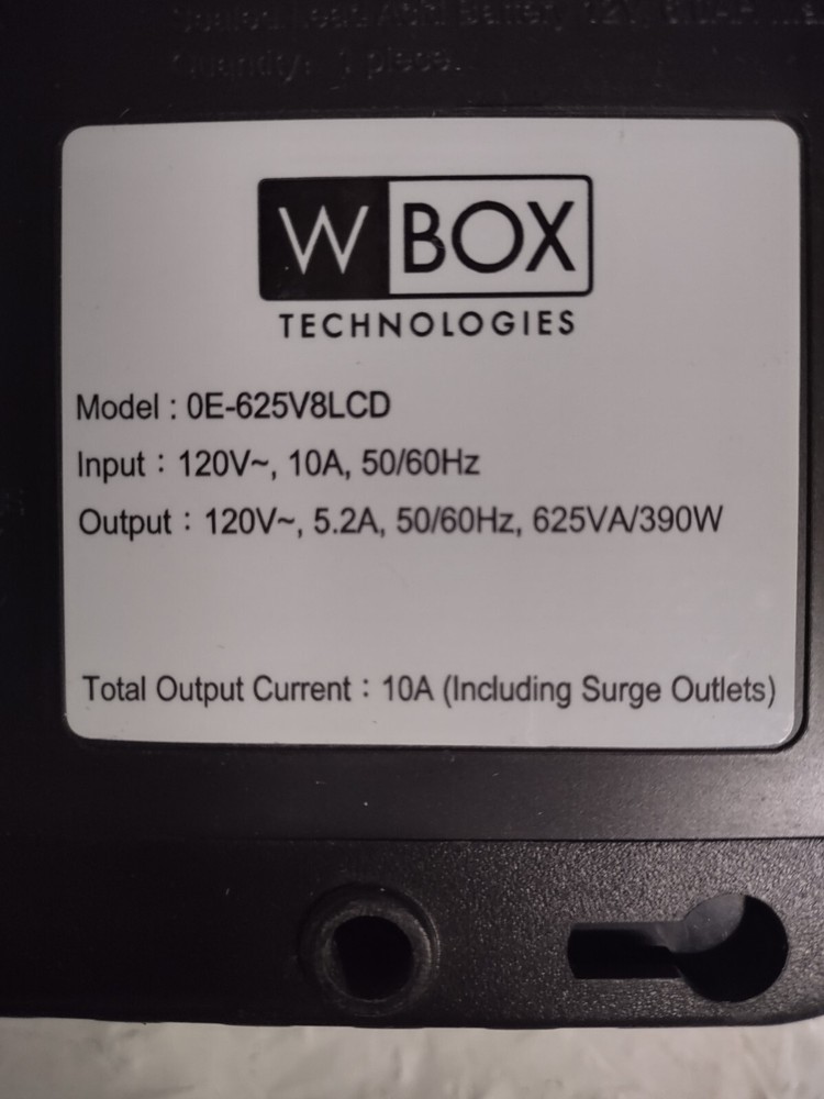 W BOX TECHNOLOGIES 8-Outlets UPS with 1 USB, 625 VA/390W READ NOTES Dead Battery