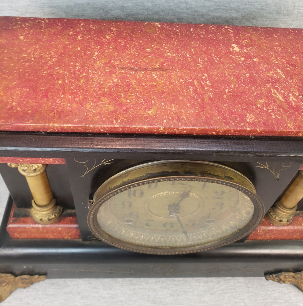 Antique Seth Thomas Red & Black Two Column Adamantine Mantel Clock & Pendulum PR