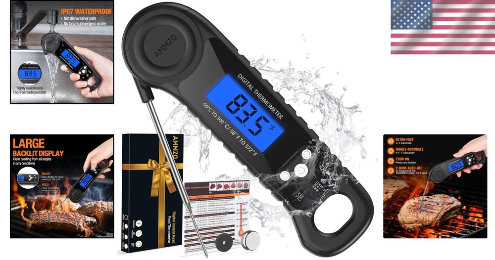 Waterproof Cooking Thermometer with Large Backlit Display for Easy Reading