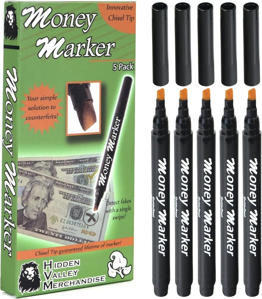 5 Count Chisel Tip Counterfeit Currency Detector Pens - Reliable & Easy