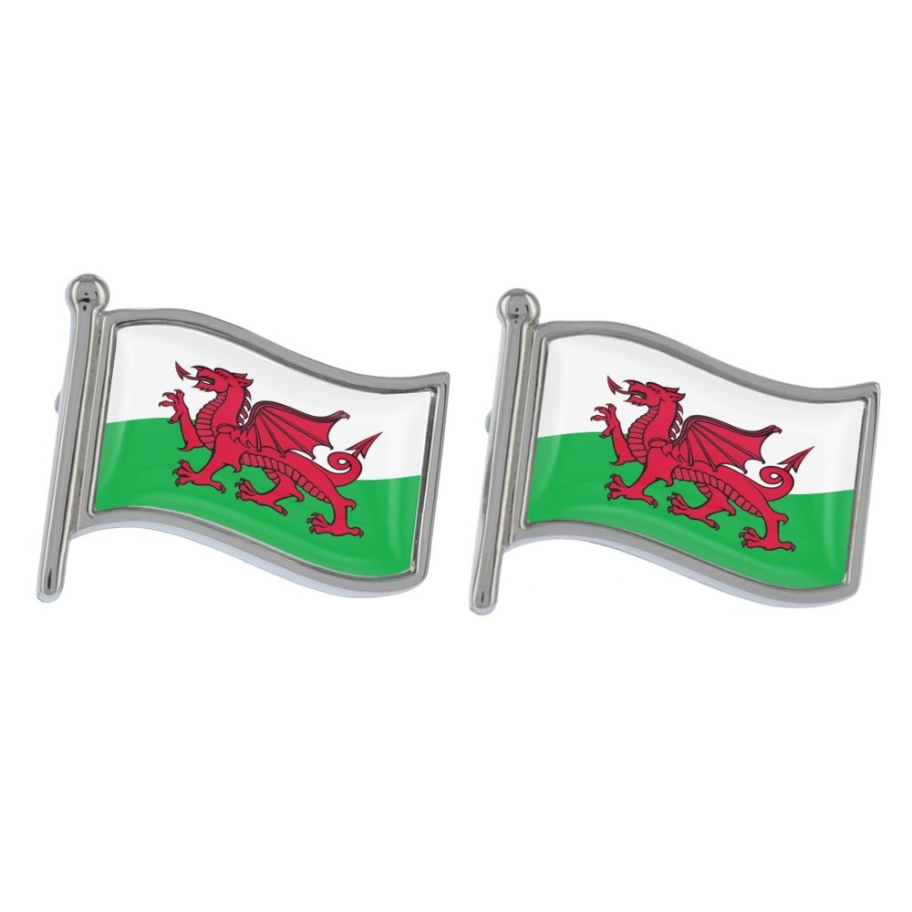 Wales Wave Flag Silver Cufflinks Presented in a Personalised Chrome Box