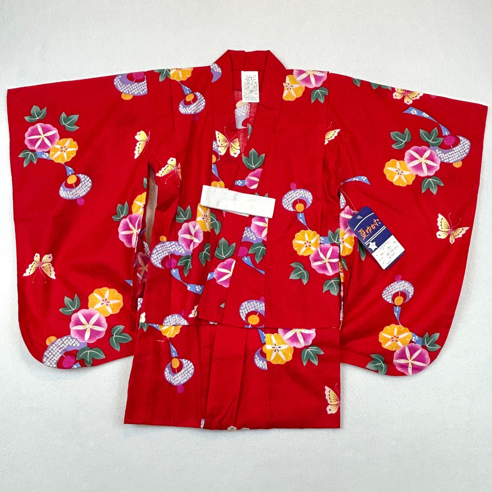Japanese Summer Yukata Kimono Girls 32”L Red Floral Butterfly New 100% Cotton